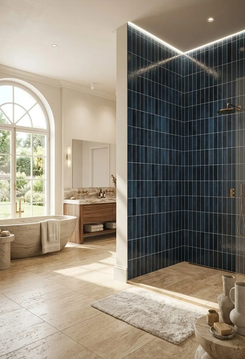 Salle de bain habillée du panneau mural Carrelo Bleu foncé, finition faïence brillant