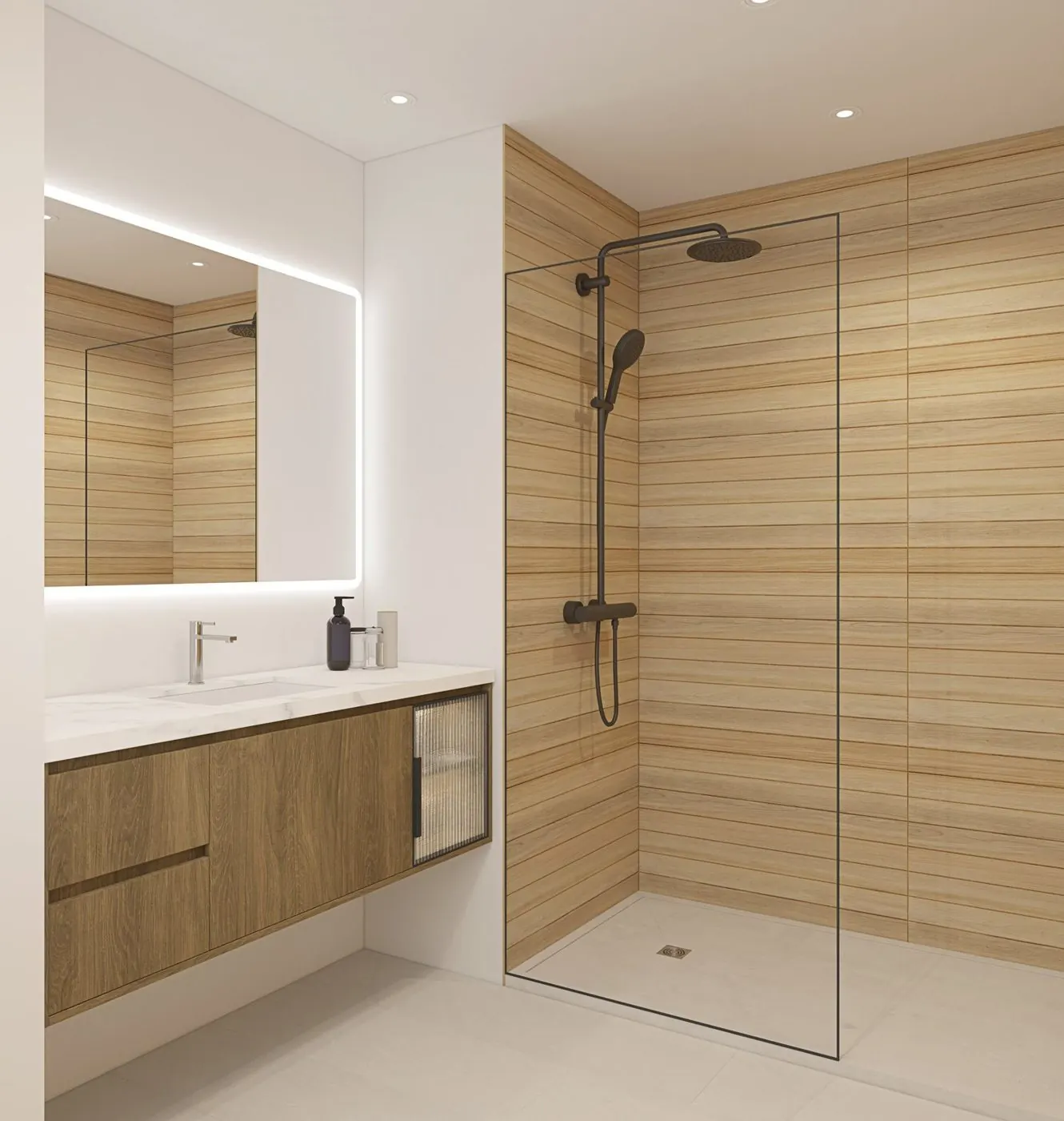 Salle de bain habillée du panneau mural Carrelo Bois, finition faïence mat