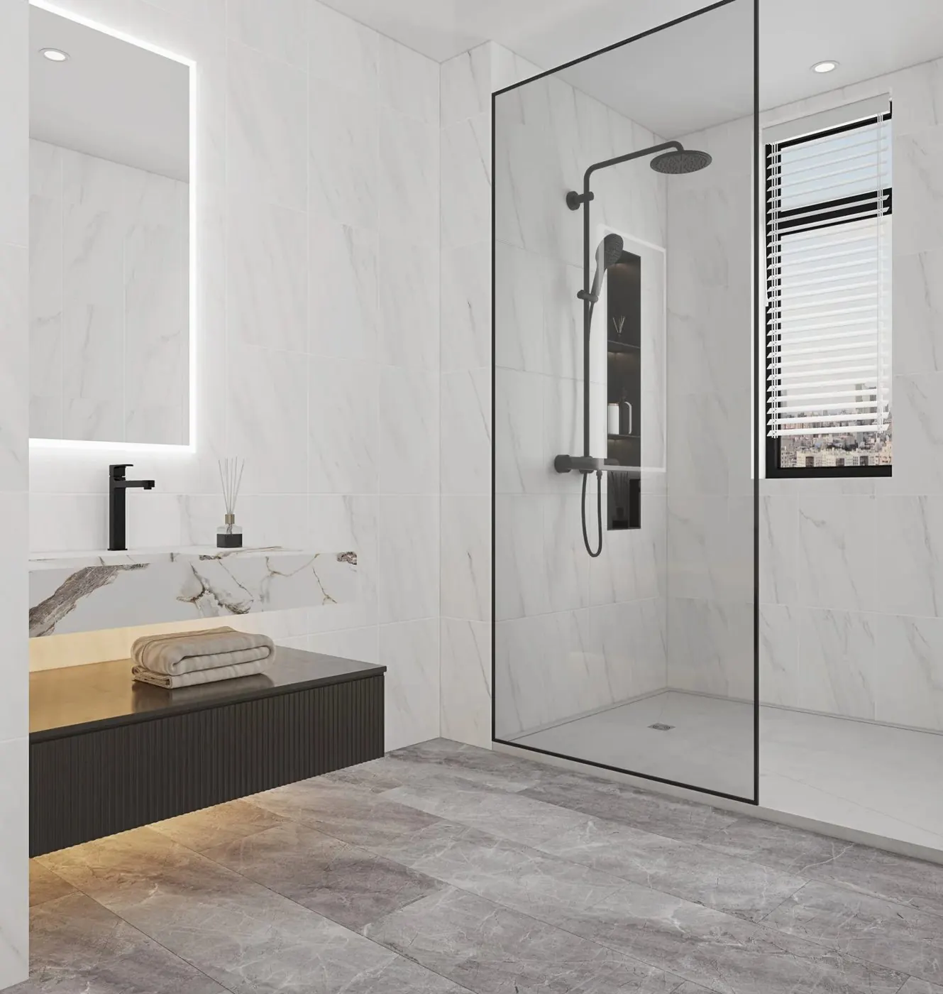 Salle de bain habillée du panneau mural Carrelo Marbre blanc, finition faïence brillant