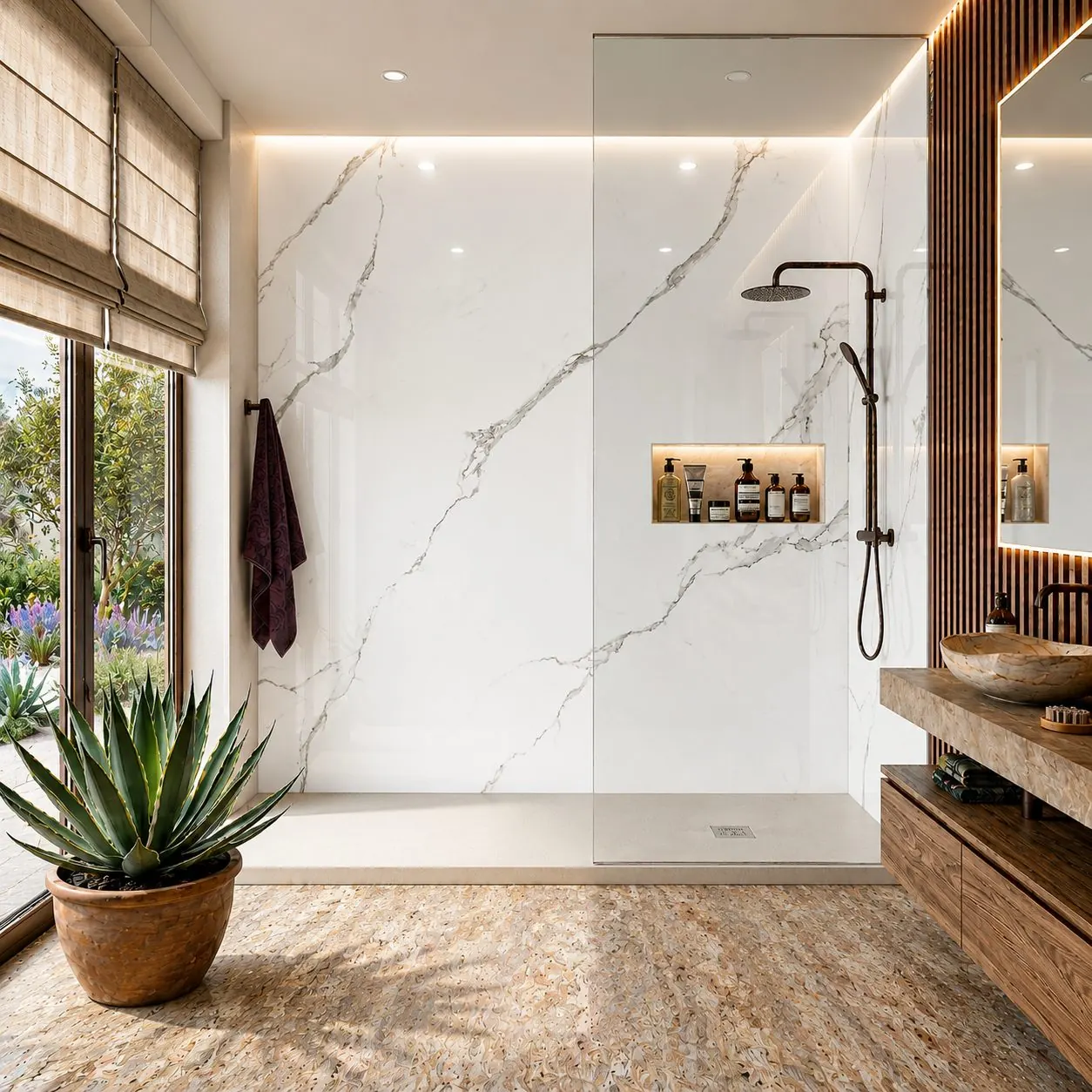Salle de bain habillée du panneau mural Carrelo Marbre blanc, finition faïence brillant