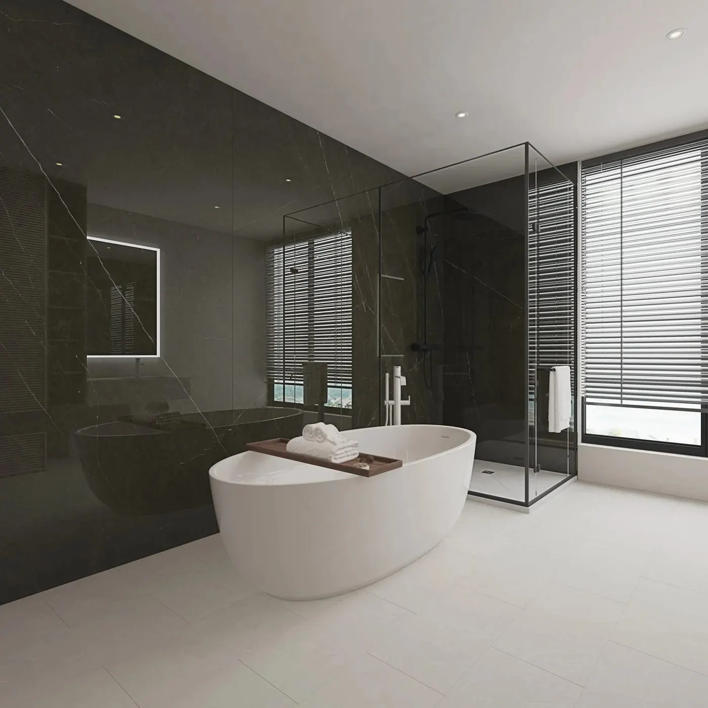 Salle de bain habillée du panneau mural Carrelo Marbre noir, finition faïence brillant