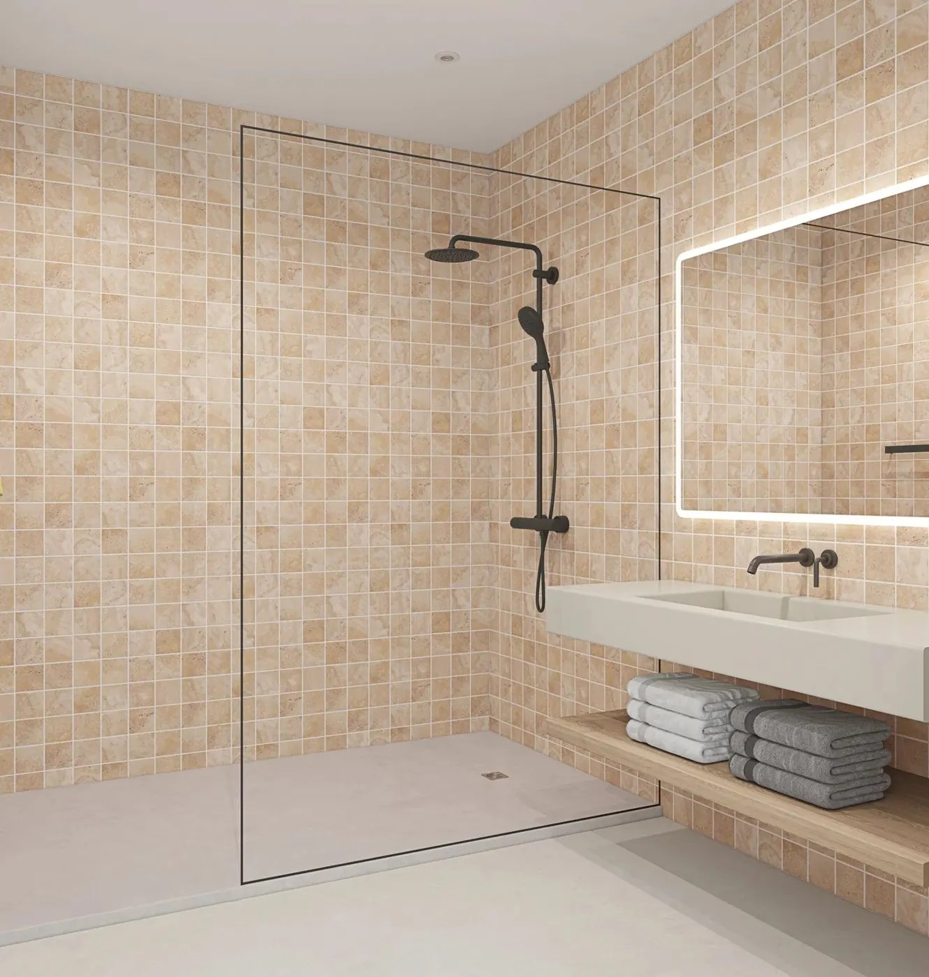 Salle de bain habillée du panneau mural Carrelo Travertin, finition faïence mat